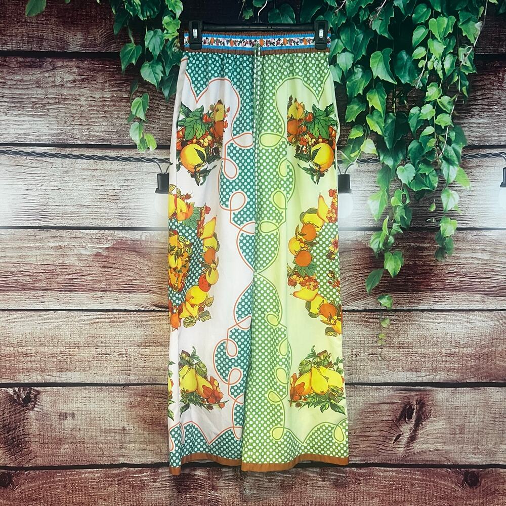 Lemonis Printed Wide Leg Pants XS Fruit Polka Dot Bright Floral Festival Island - Picture 3 of 6